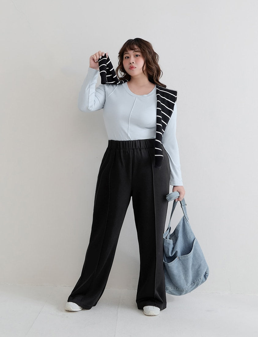 Crewneck 3D Pleated Plus Size Long Sleeve Tee