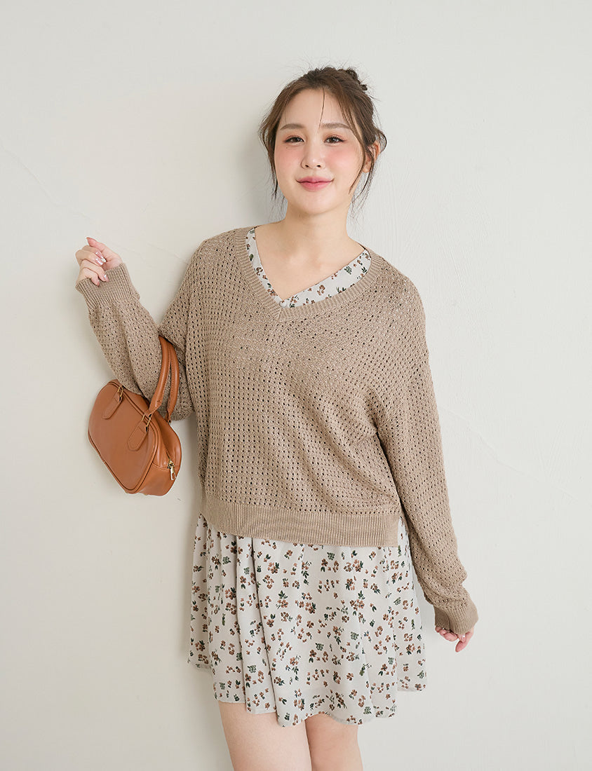 Anti-Pilling V-Neck Eyelet Plus Size Knit Top