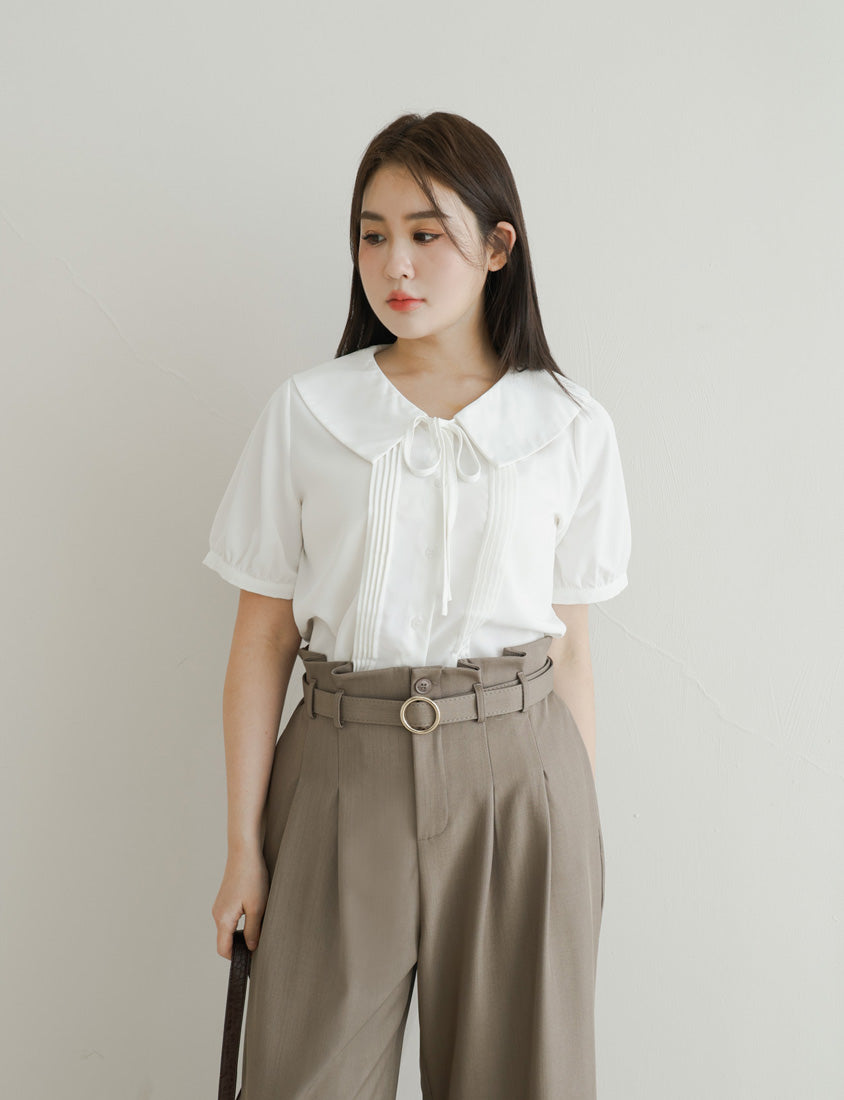 MISS. Sweet Pleated Lapel Collar Plus Size Puff Sleeve Blouse