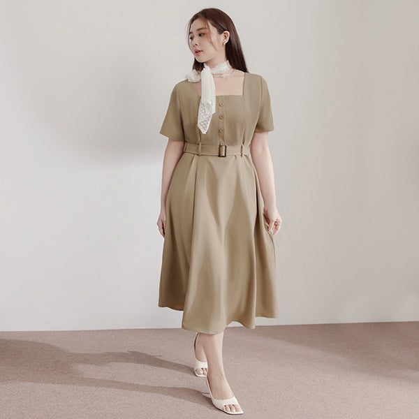 MISS. Square Neck Faux Button Elegant Plus Size Long Dress (With Belt)
