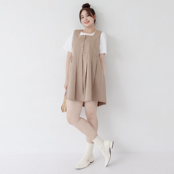 Square Neck Button Pleated Plus Size Mini Dress