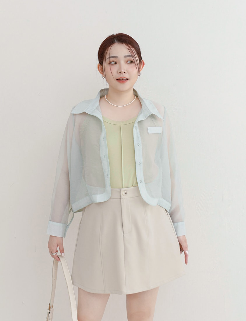 MISS. Faux Pockets Sheer Plus Size Cropped Shirt