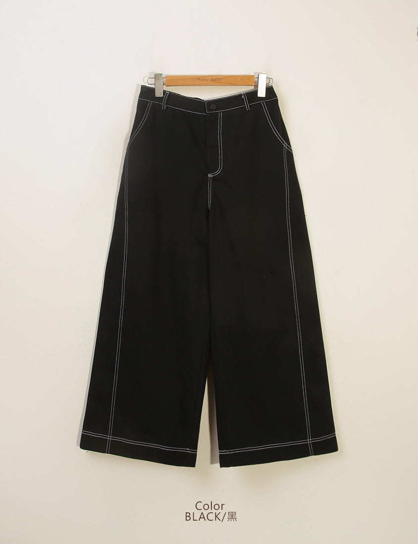 Color-Block Stitched Twill Cotton Straight-Leg Plus Size Pants