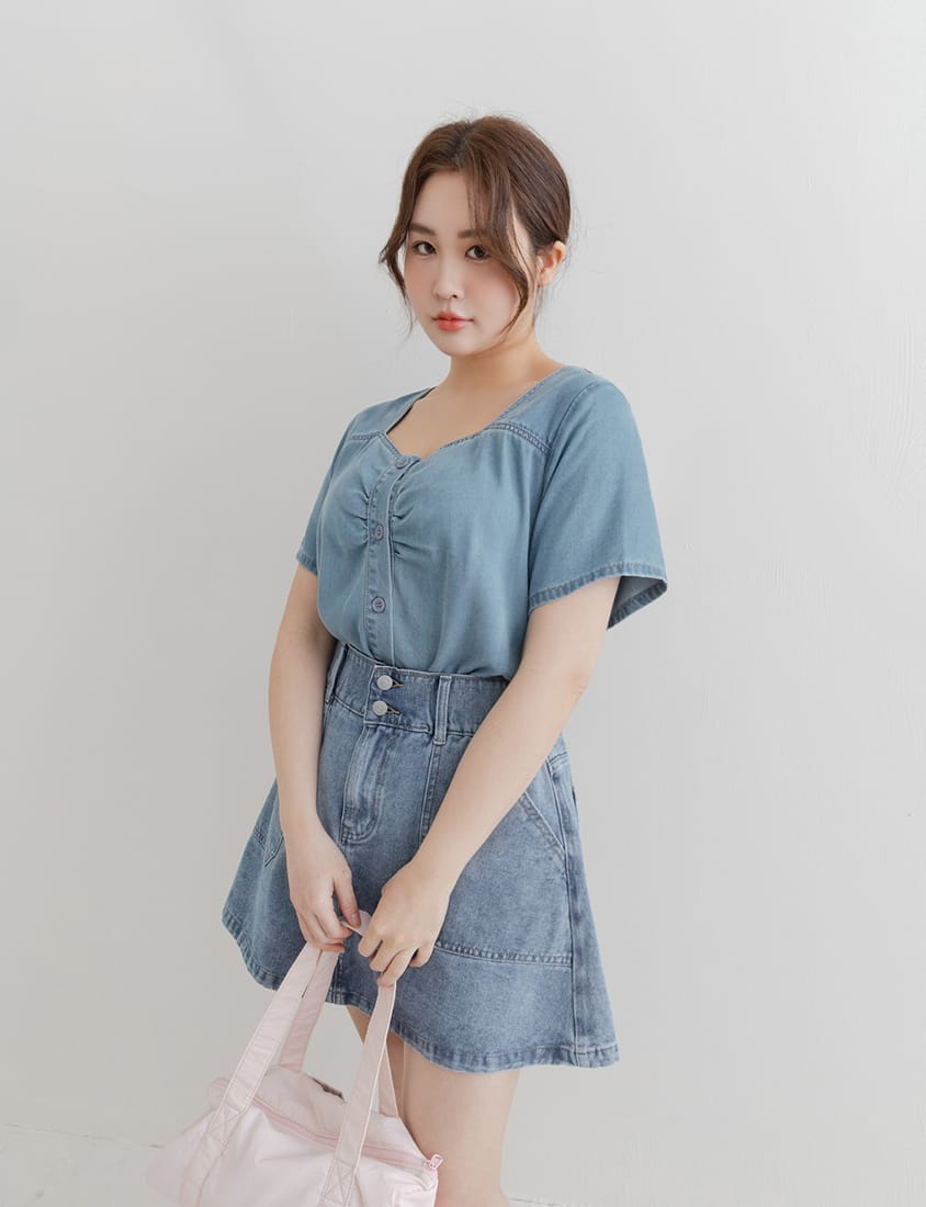 Front Ruched Button-Up Plus Size Denim Top