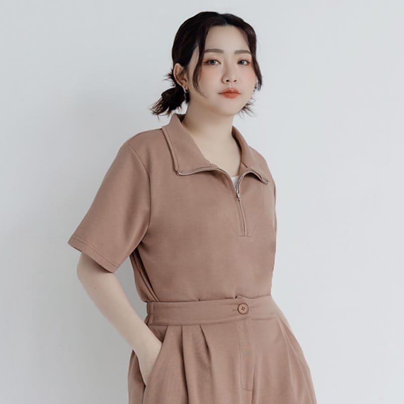 Zip-Up Faux Two-Piece Multicolor Plus Size Short Sleeve Tee