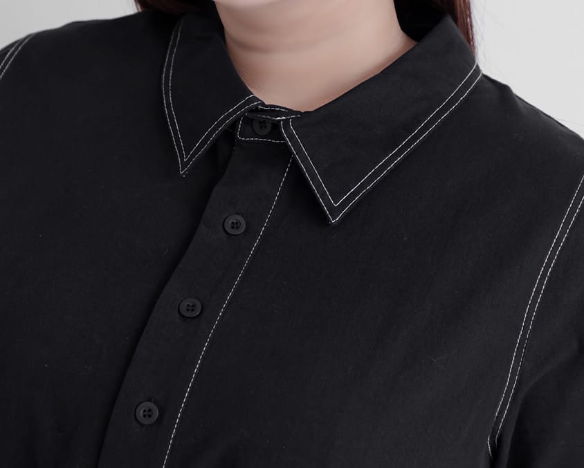 Color-Block Stitching Collar Twill Plus Size Maxi Dress (with Waist Tie)