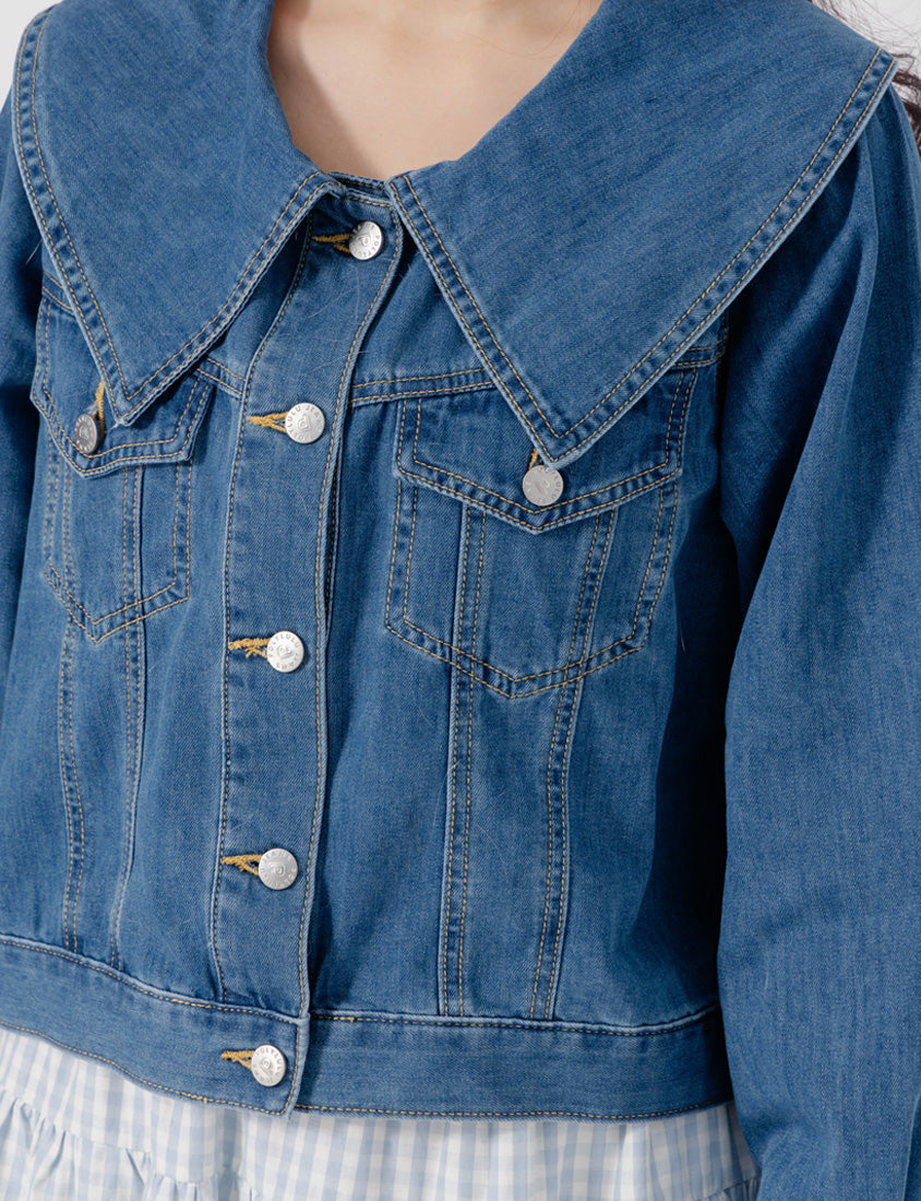 Korean Style Statement Collar Button-Down Plus Size Denim Jacket