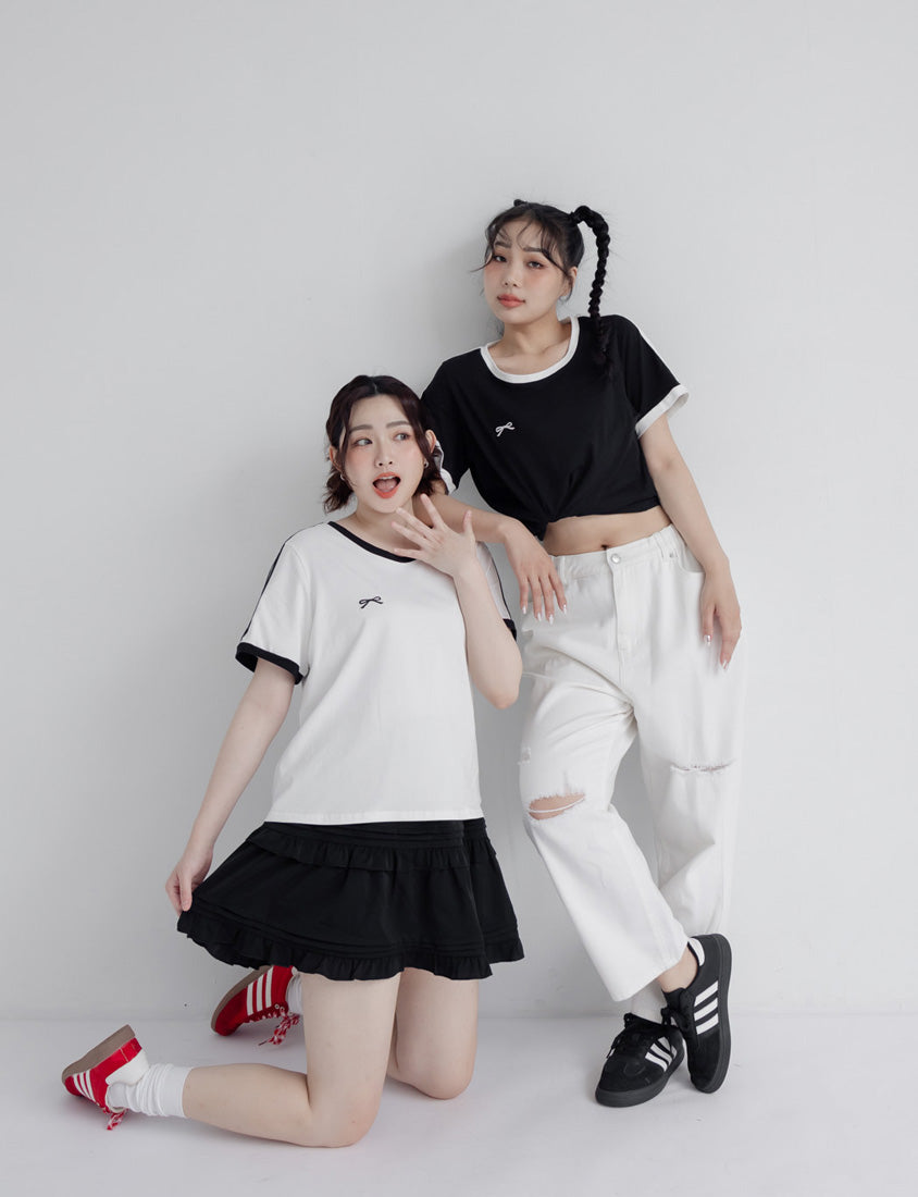 American Style Sporty Bow Embroidery Plus Size Tee