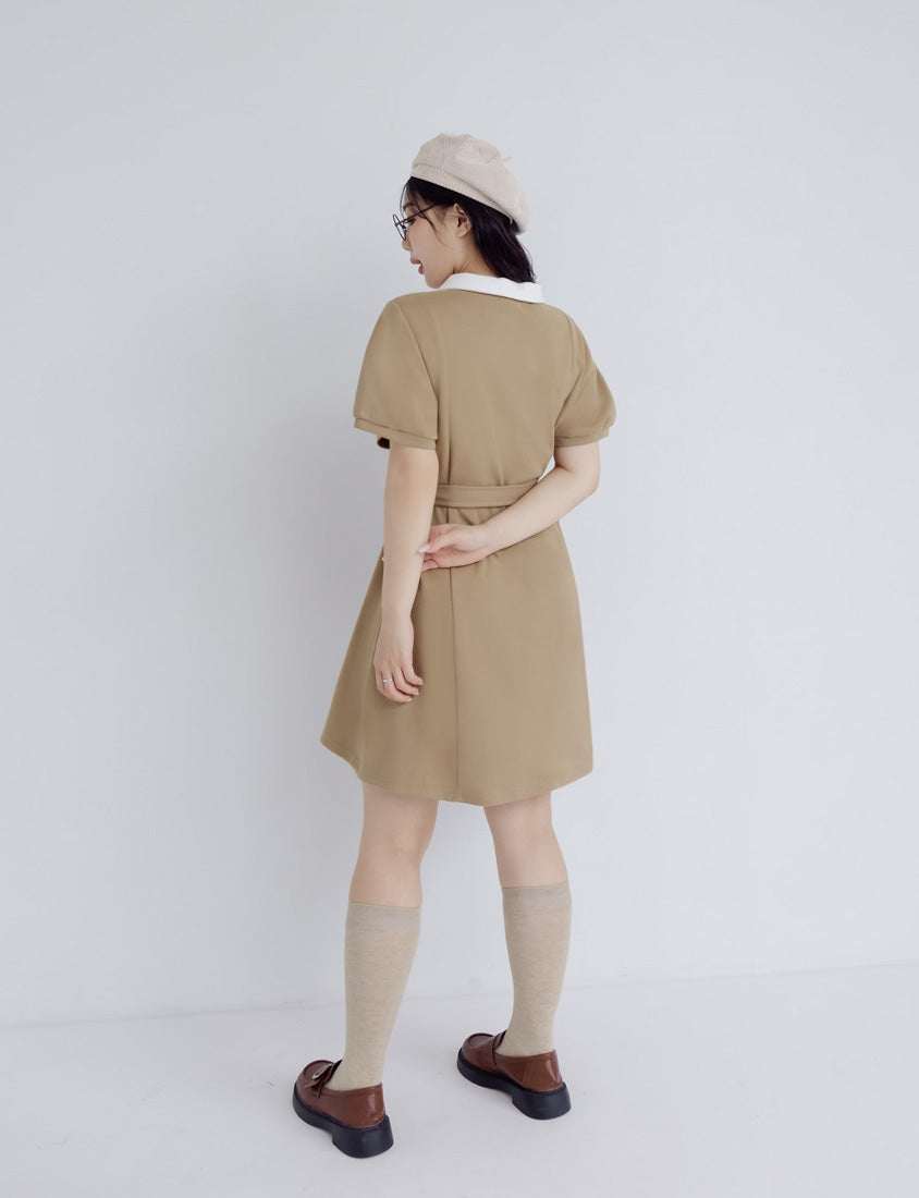 Color-Block Polo Collar Plus Size Mini Dress (With Belt)