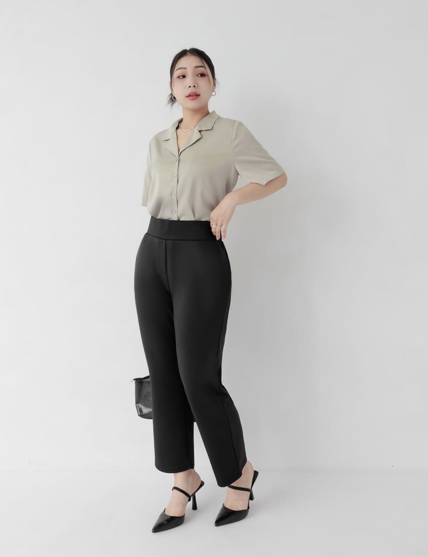 MISS. Glossy Satin Cuban Collar Plus Size Shirt With Floral Buttons