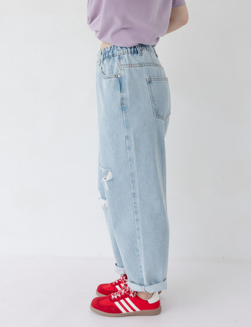 Distressed Side Elastic Waist Plus Size Boyfriend Jeans