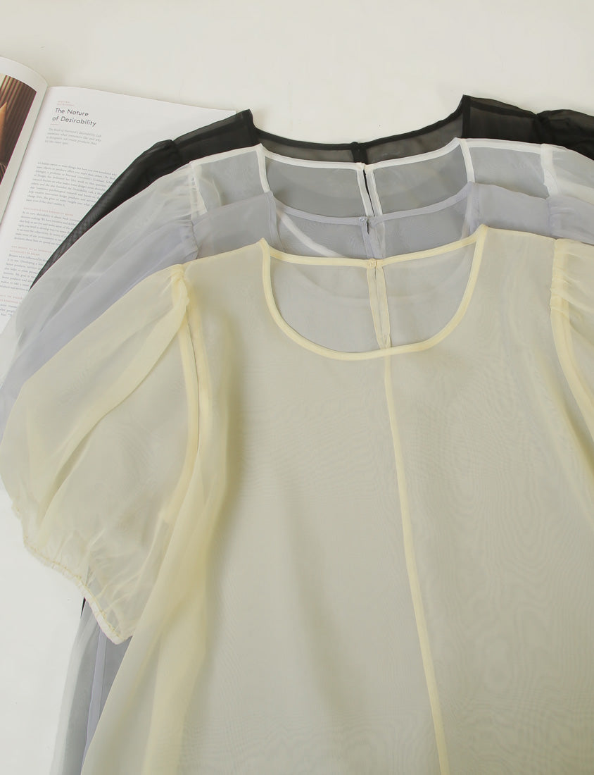 MISS. Sheer Textured Round Neck Puff-Sleeve Plus Size Blouse