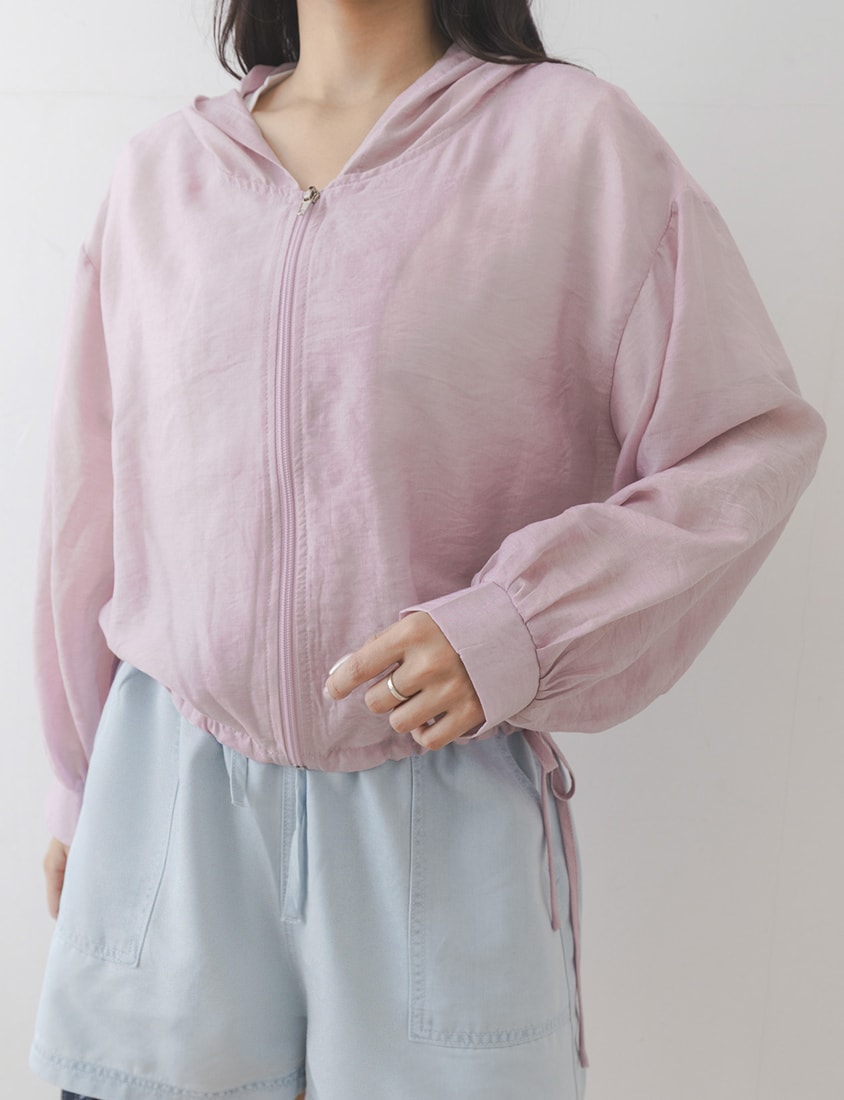 Semi-Sheer Drawstring Hem Hooded Plus Size Jacket