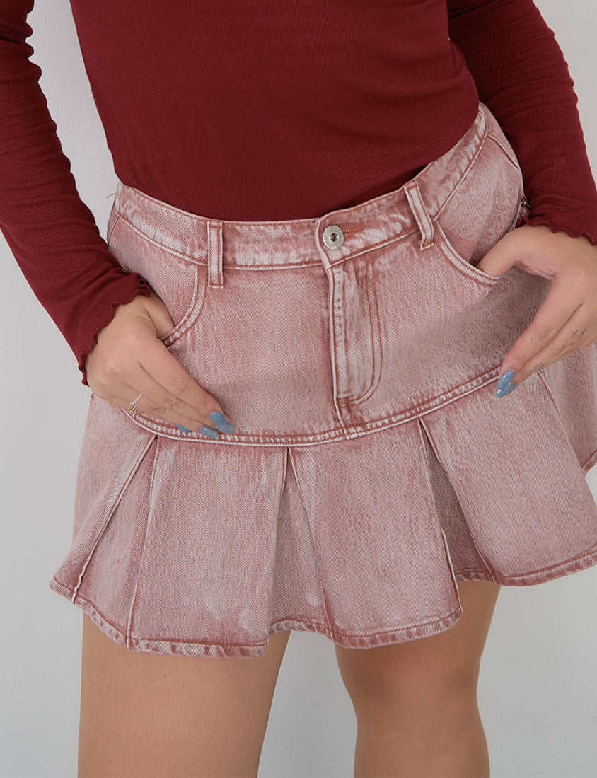 Vintage Washed Pleated Plus Size Denim Skort (With Pants)