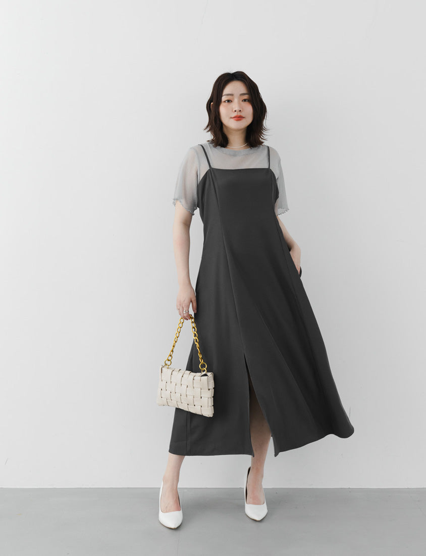 Wrinkle-Resistant Front Slit Adjustable Strap Plus Size Maxi Dress