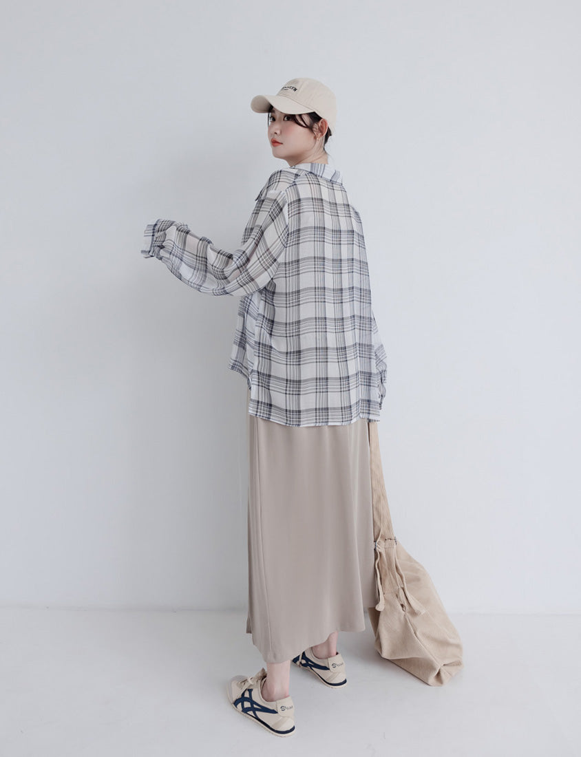 Crinkled Texture Sheer Plaid Plus Size Long Sleeve Shirt