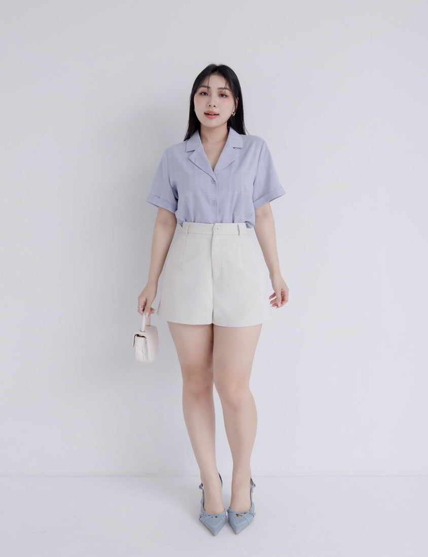 MISS. Cuban Collar Plaid Cuffed Plus Size Short Sleeve Shirt