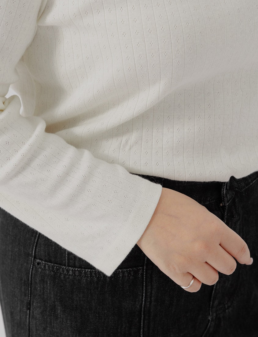 Jacquard Ribbed Button-Front Plus Size Crewneck Top