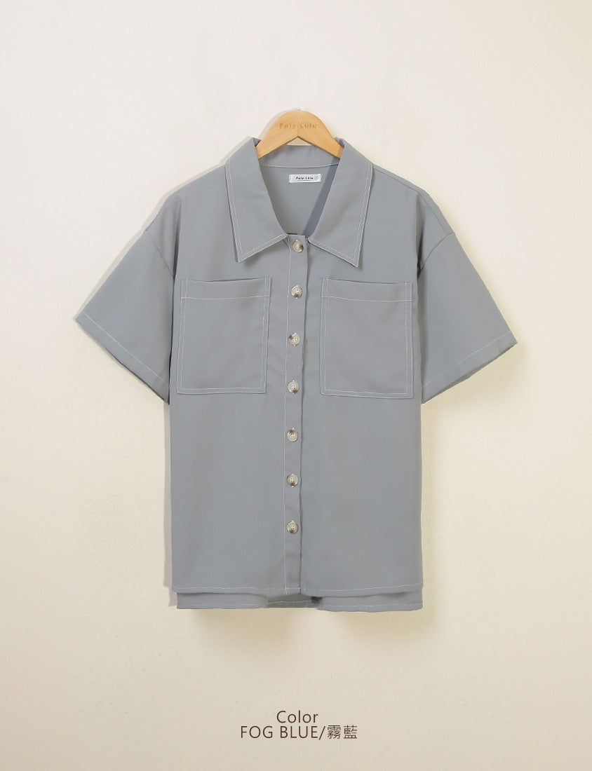 Color-Block Stitched Large Pocket Plus Size Short Sleeve Shirt