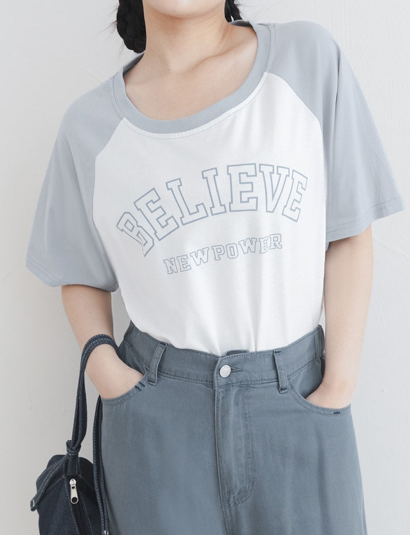 Sweet Crew Neck Colorblock Lettering Plus Size Tee