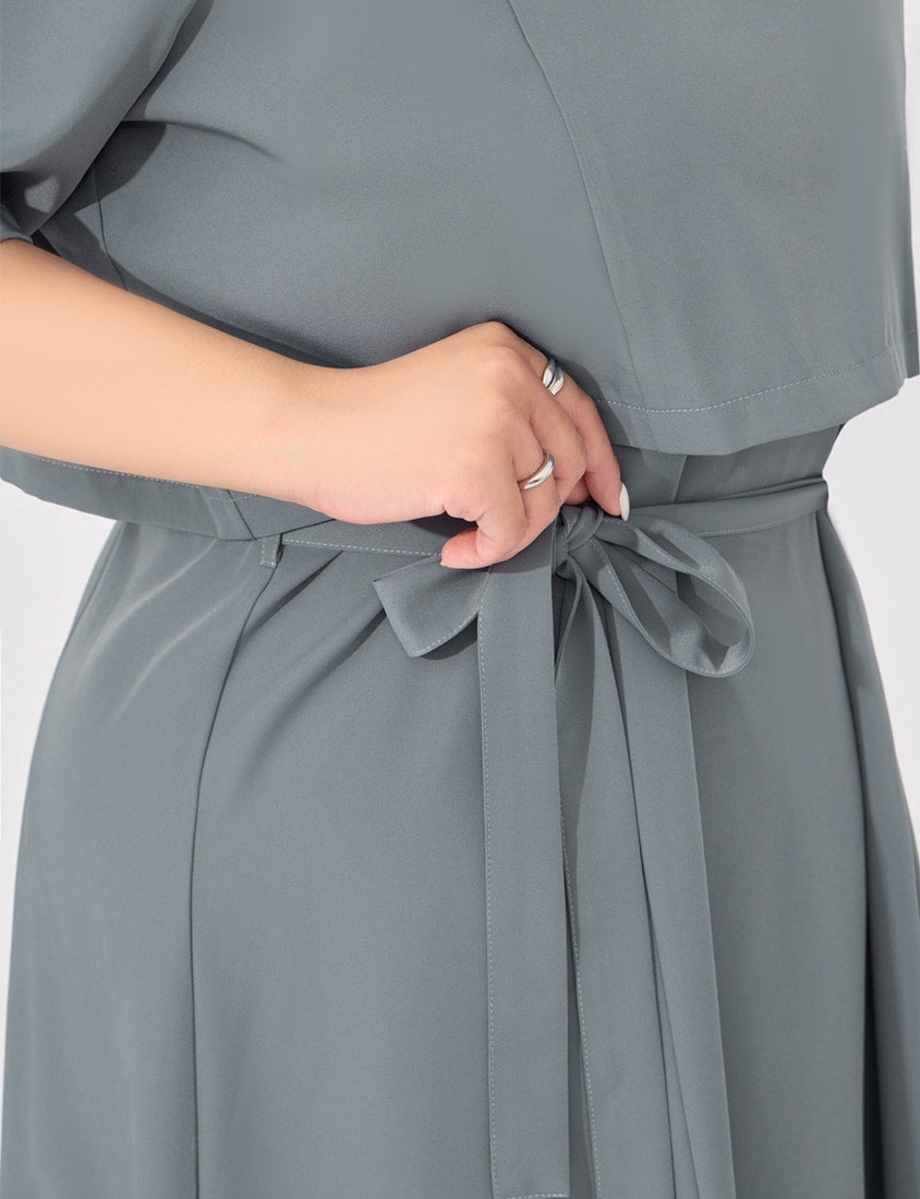MORE U Wrinkle-Resistant Faux Two-Piece Eyelet Plus Size Dress (with Waist-Tie)
