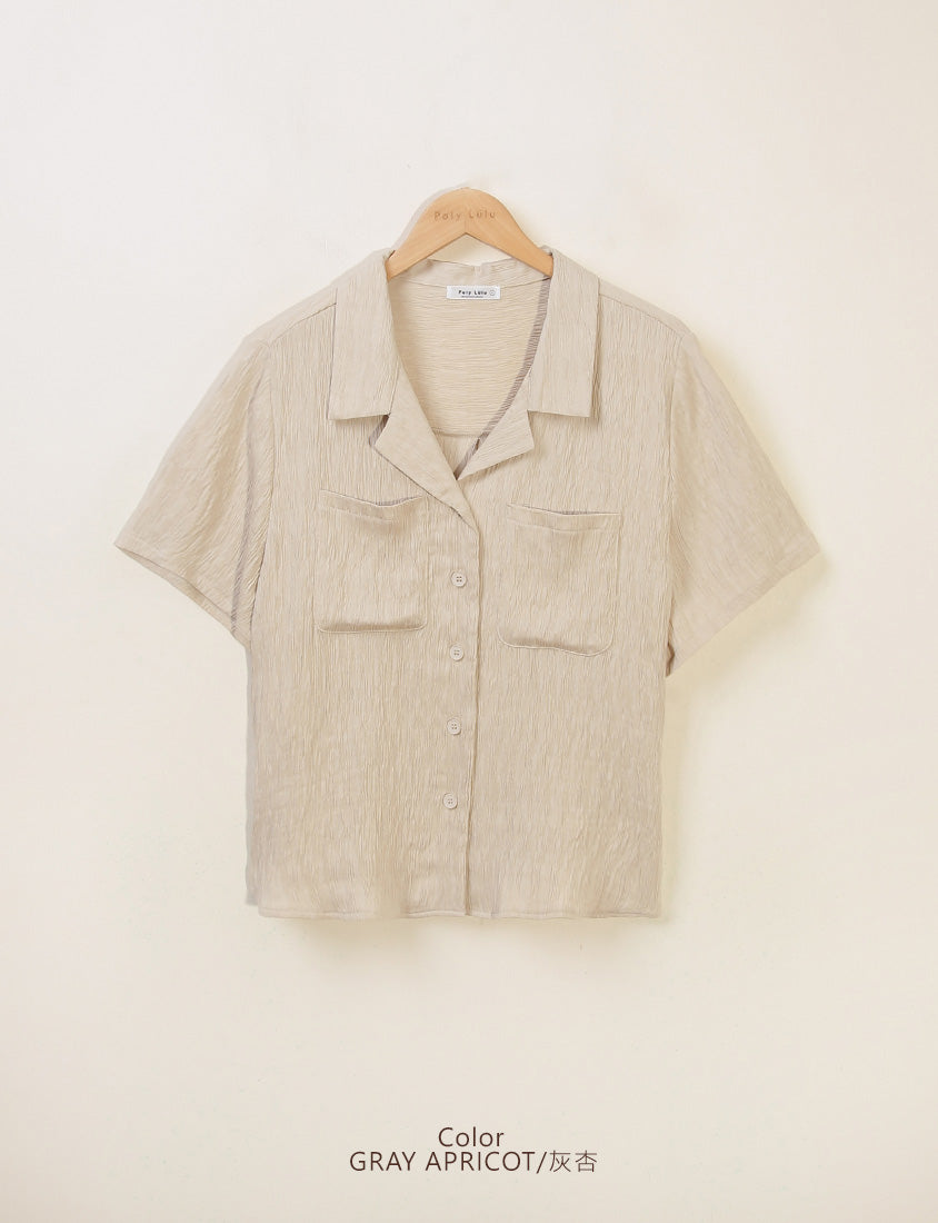 Cuban Collar Crinkled Texture Large Pocket Plus Size Shirt