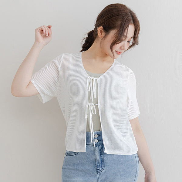 Front Tie Sheer Hollow Plus Size Knit Cardigan