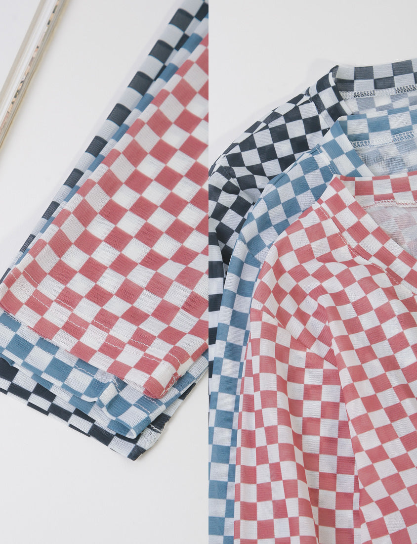 MUA! Sexy Checkered Mesh Long Sleeve Plus Size Top