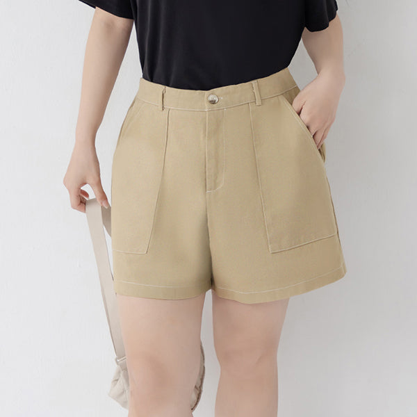 Twill Contrast Stitch High Waist Plus Size Shorts