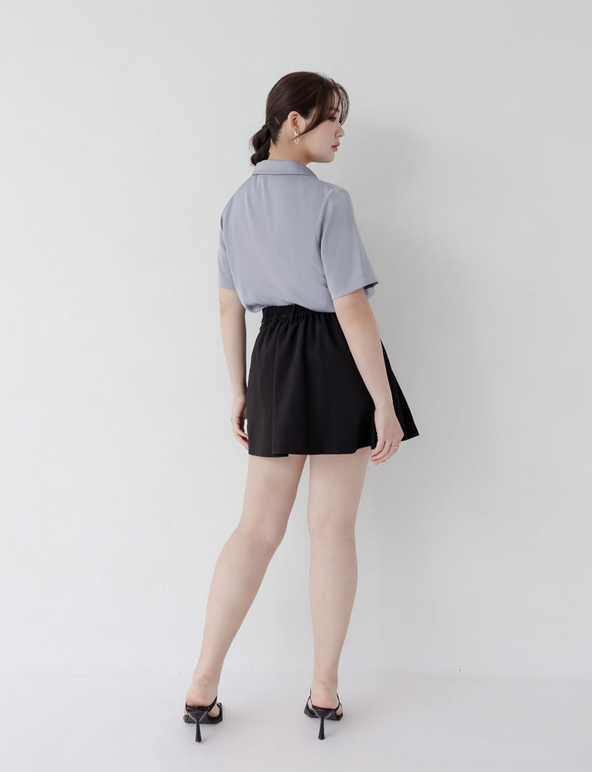 MISS. Glossy Satin Cuban Collar Plus Size Shirt With Floral Buttons