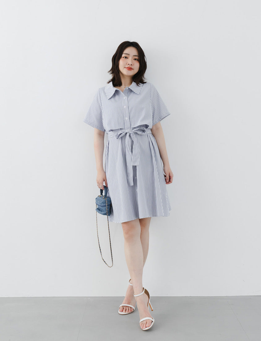 MISS. Japanese Style Striped Layered Plus Size Shirt Dress (with Belt)