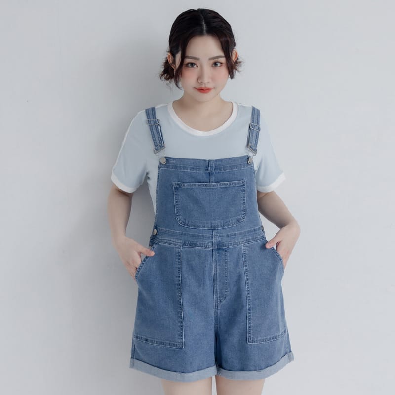 Adjustable Cuffed Denim Plus Size Overall Shorts