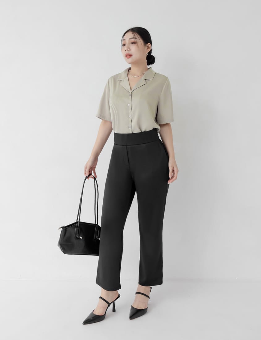 MISS. Glossy Satin Cuban Collar Plus Size Shirt With Floral Buttons