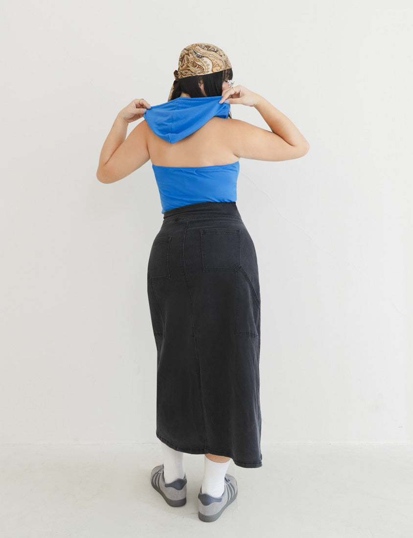 MUA! Ultra-Stretch Back Slit High-Waist Washed Denim Plus Size Maxi Skirt