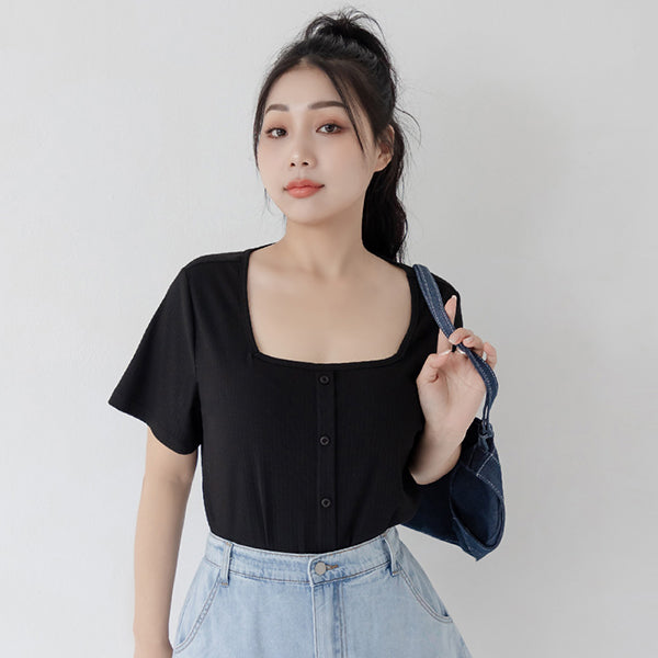 Multi-Color Ribbed Square Neck Faux Button Plus Size Top