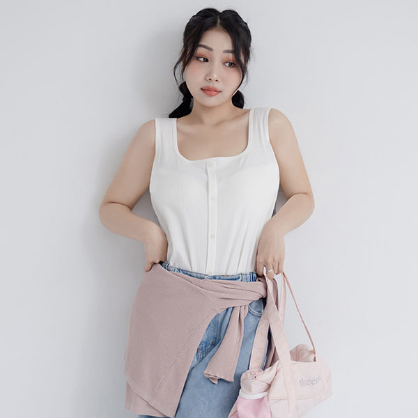 Pobra. Airy Wide Strap Square Neck Faux Buttons Plus Size Bra Top