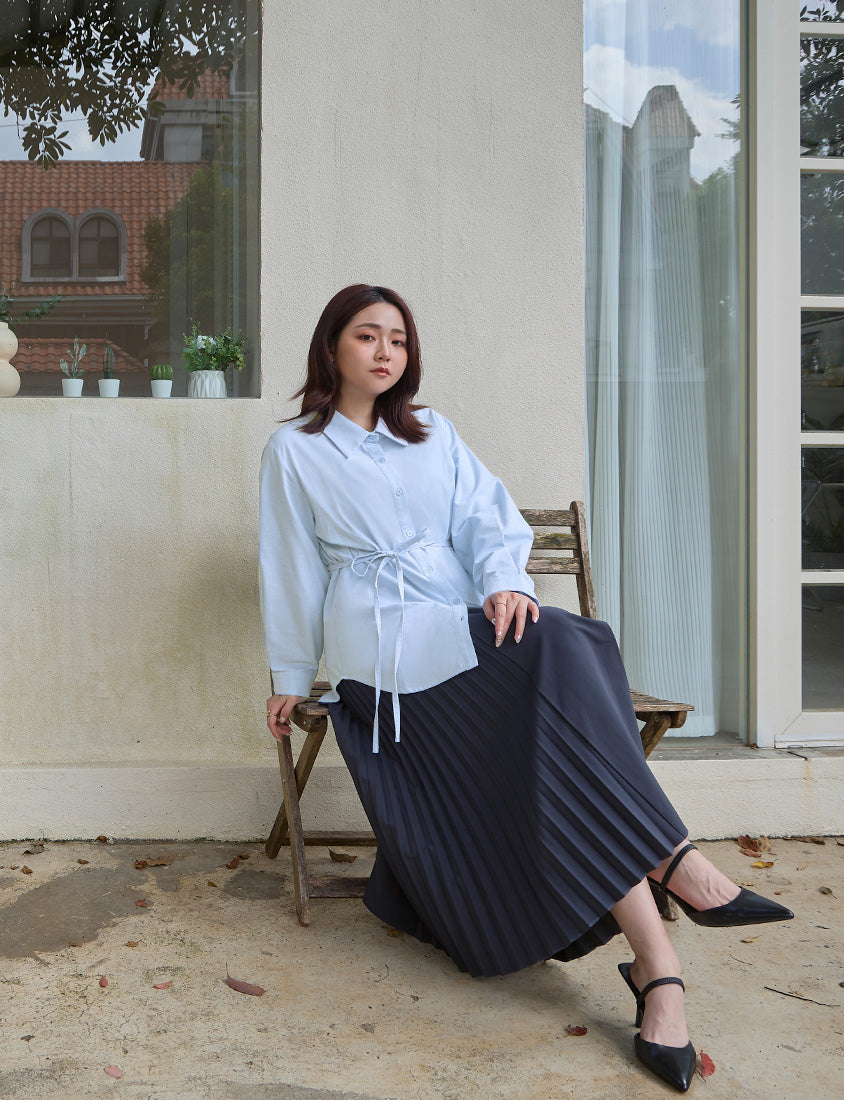 MISS. Korean Oxford Longline Plus Size Shirt (with Waist Tie)