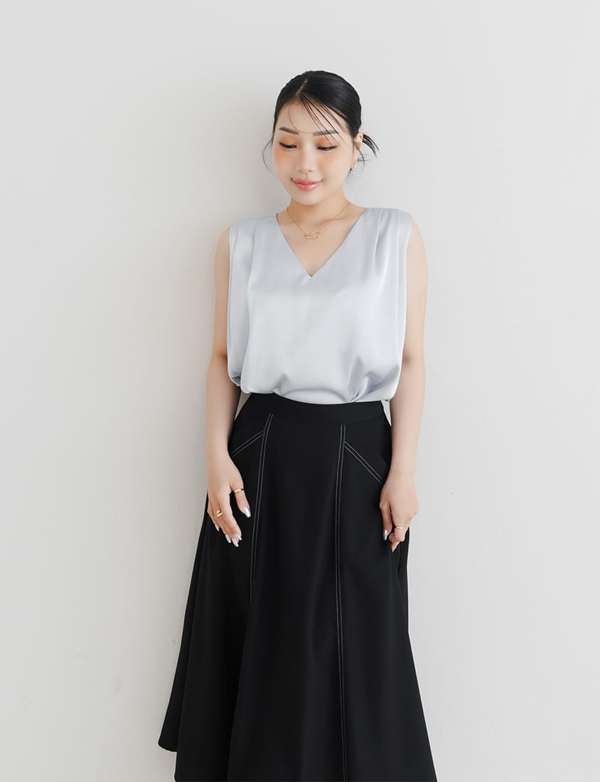 MISS. Contrast Stitch A-Line Back Elastic Waist Plus Size Maxi Skirt