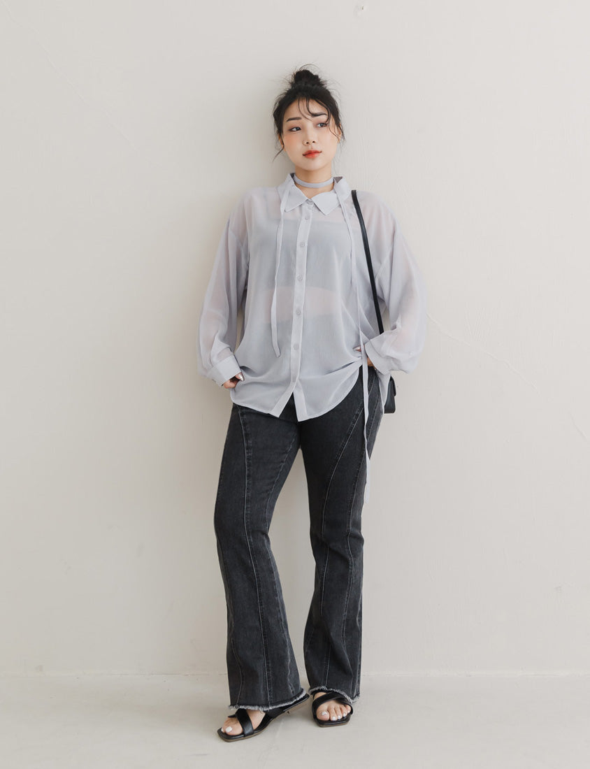 Flowy Crinkled Sheer Plus Size Blouse (With Tie)
