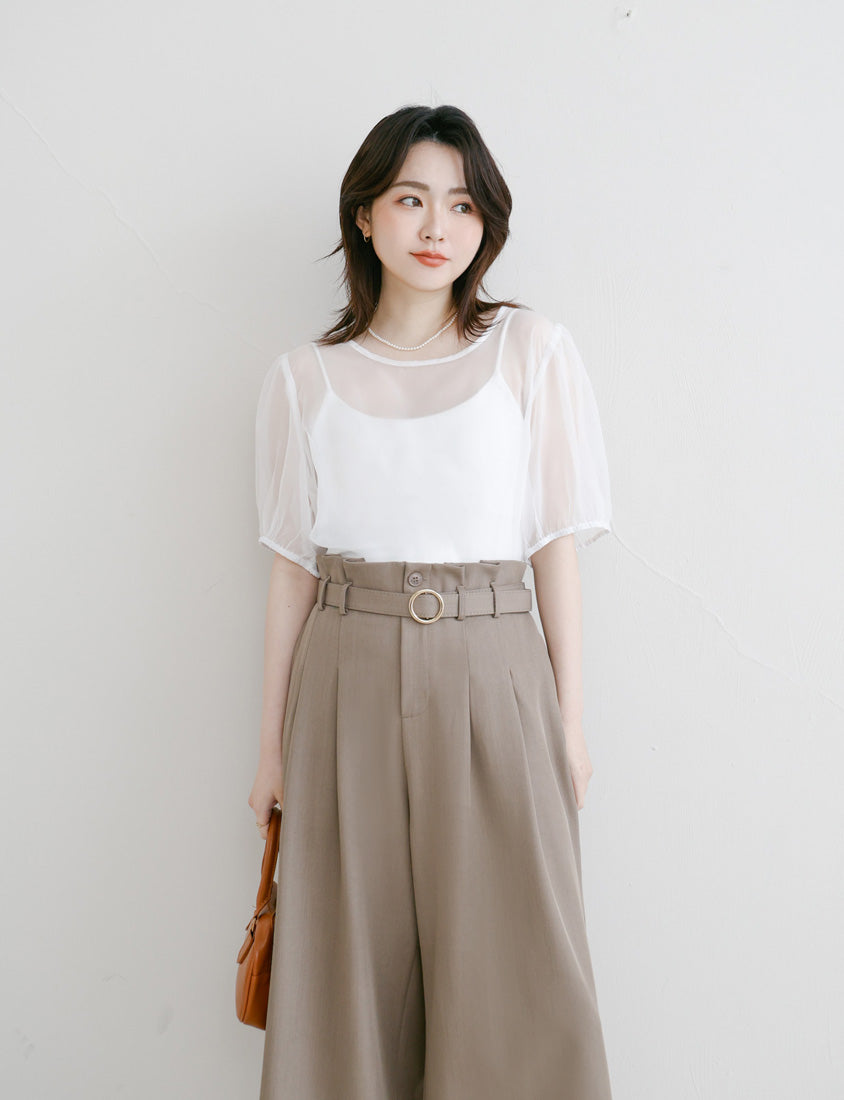 MISS. Sheer Textured Round Neck Puff-Sleeve Plus Size Blouse