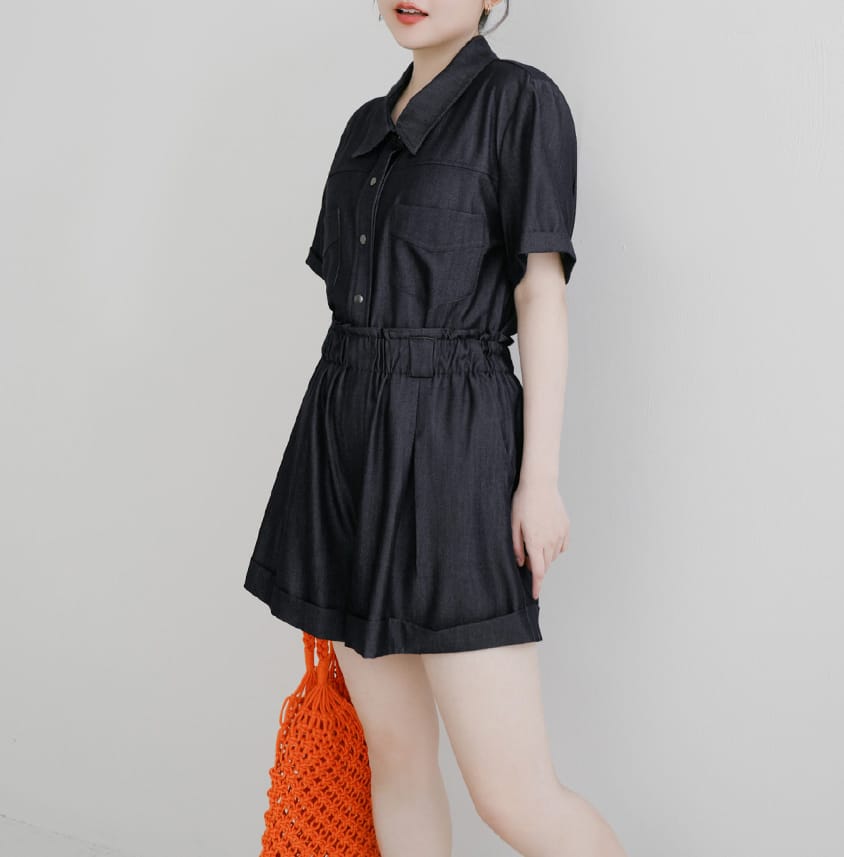 Korean-Style Faux Denim Bubble Hem Plus Size Shorts