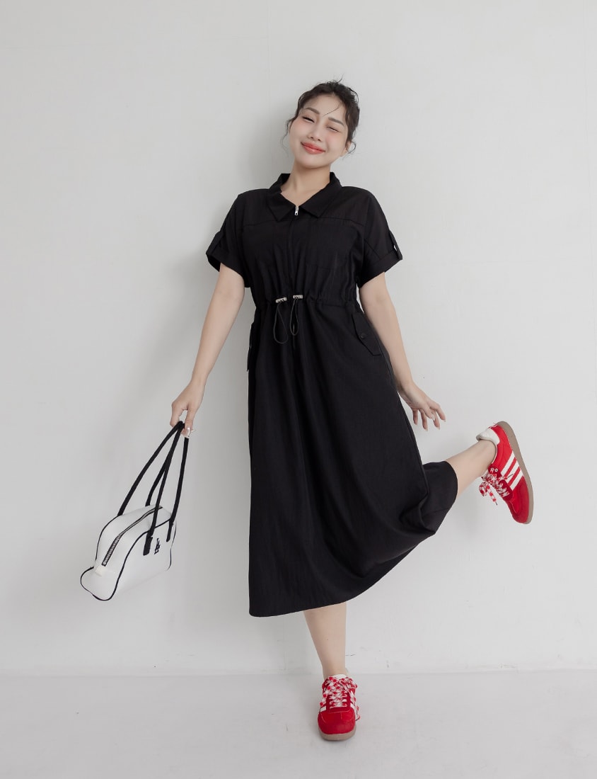 Utility Cargo Pocket Drawstring Cinched Waist Plus Size Maxi Dress