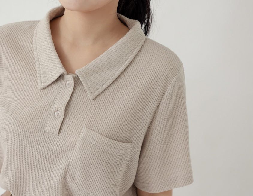Skin-Friendly Waffle Knit Polo Plus Size Top