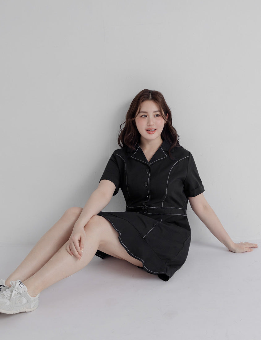 Twill Cuban Collar Cargo Ruffle Hem Plus Size Mini Dress