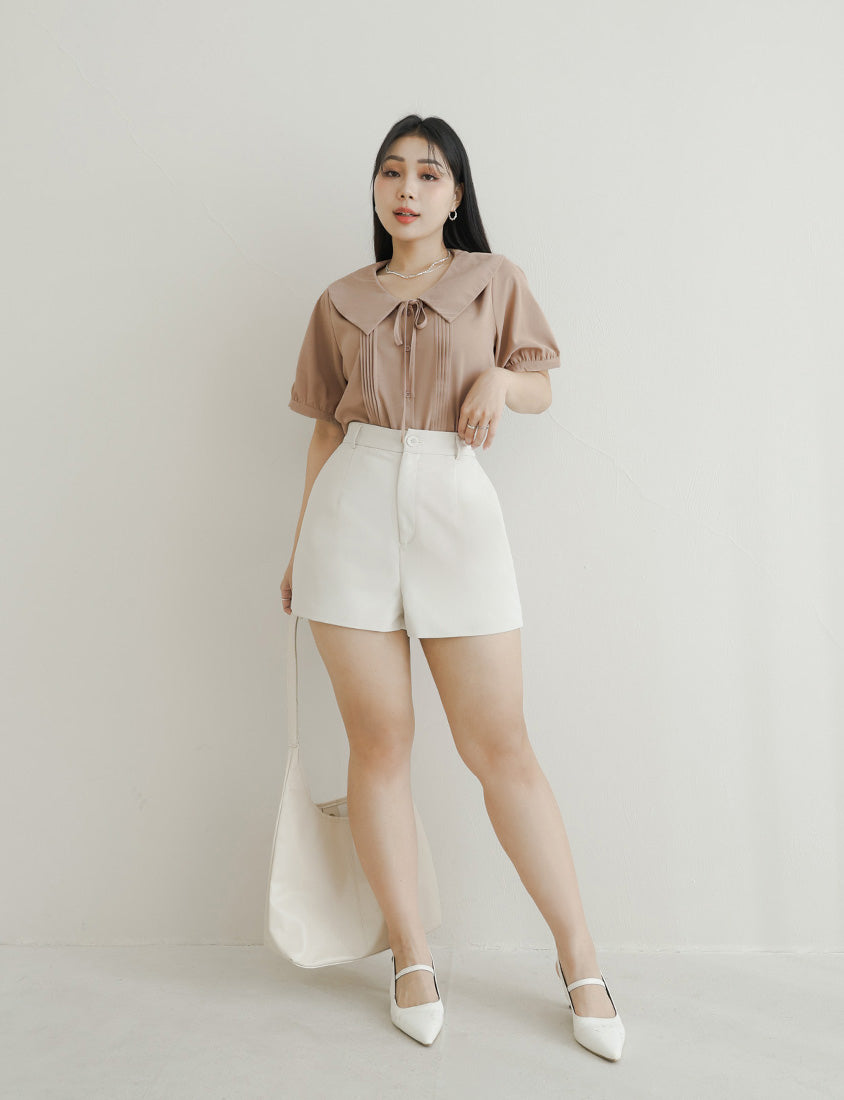 MISS. Sweet Pleated Lapel Collar Plus Size Puff Sleeve Blouse