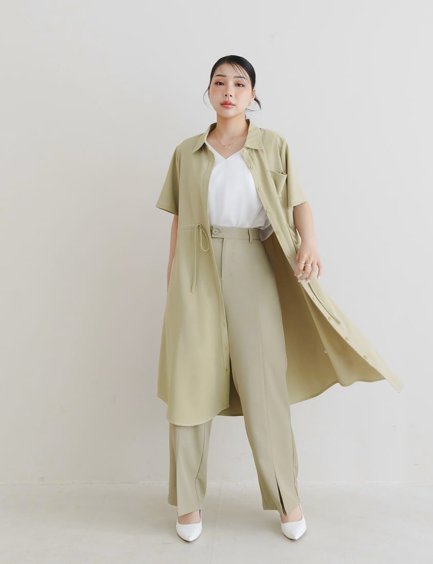 MISS. Contrast Stitch Drawstring Long Plus Size Shirt