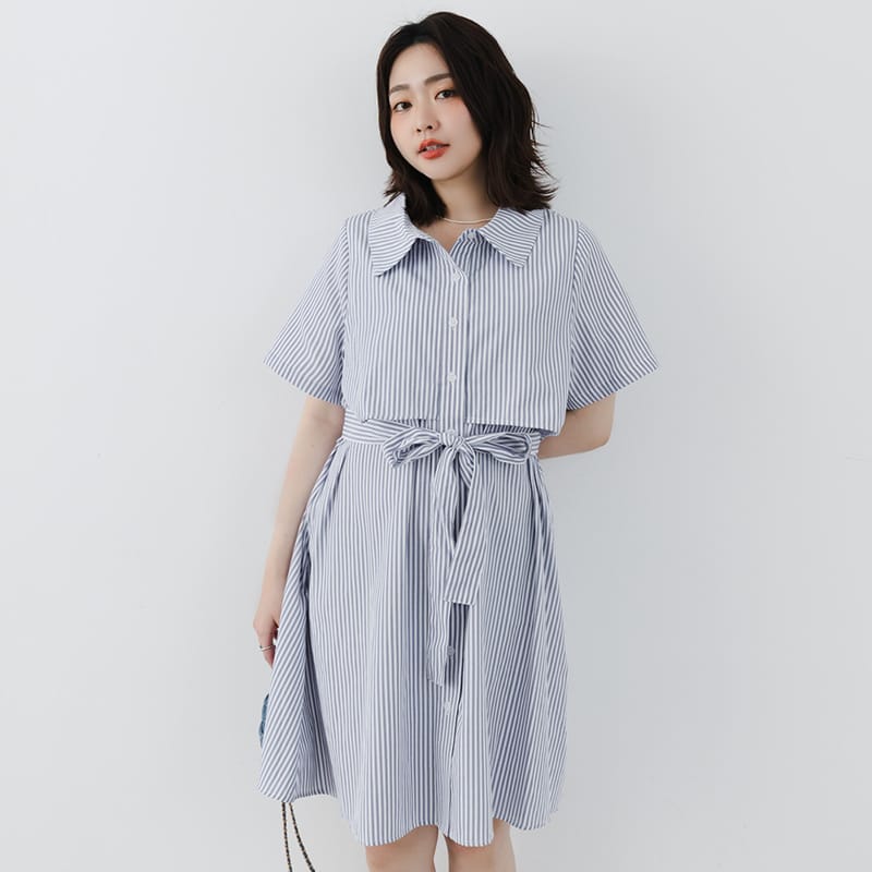 MISS. Japanese Style Striped Layered Plus Size Shirt Dress (with Belt)