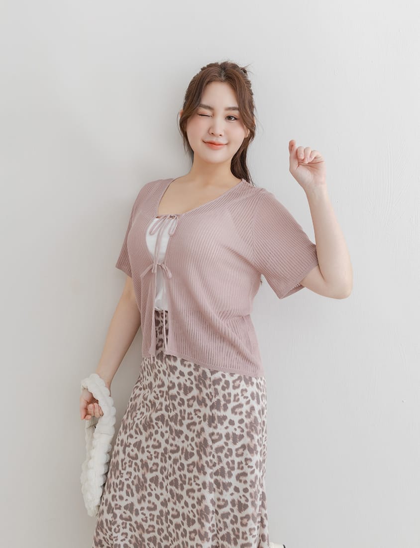 Front Tie Sheer Hollow Plus Size Knit Cardigan