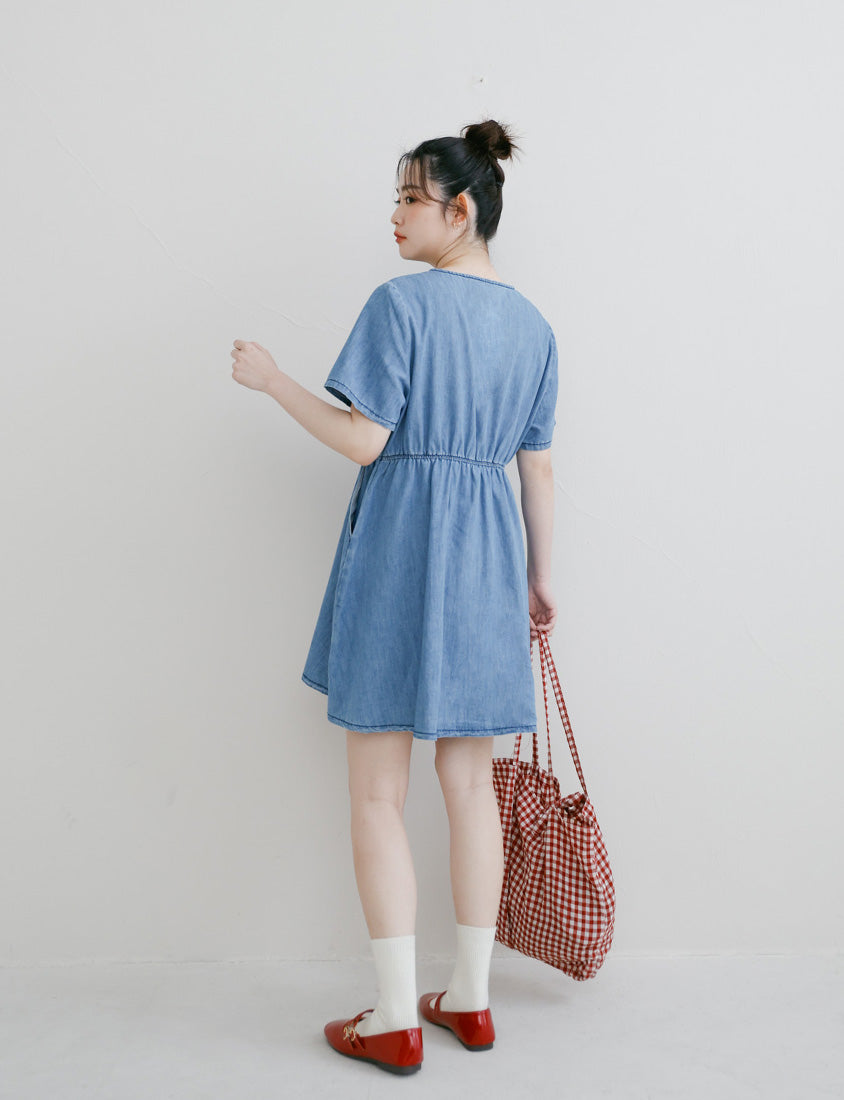 V-Neck Lightweight Denim Elastic Waist Button Plus Size Mini Dress