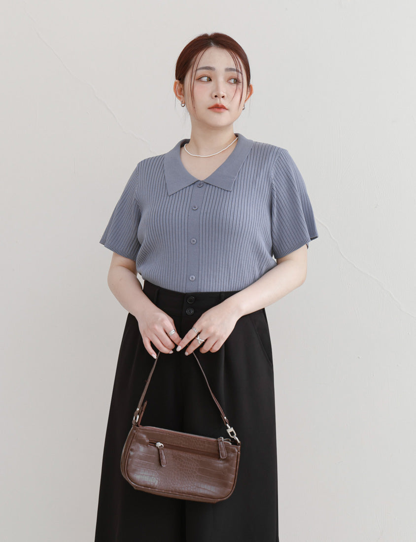 MISS. Versatile Icy Silk Faux Button Collar Plus Size Top